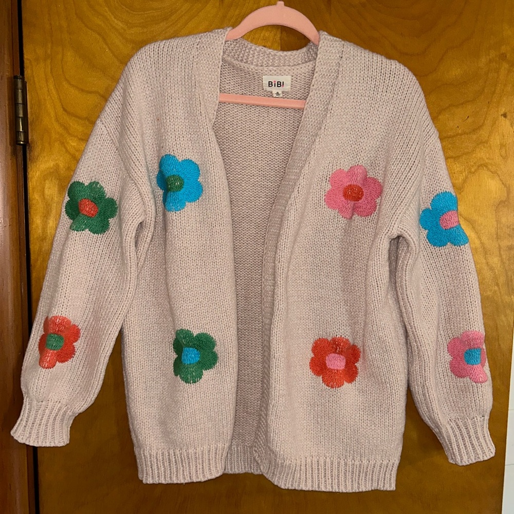 BiBi Flower Embroidery Open Front Cardigan
